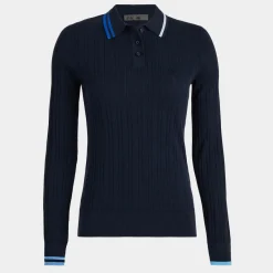 Sweaters-G/FORE Contrast Stripe Cotton Blend Ribbed Long Sleeve Knit Polo